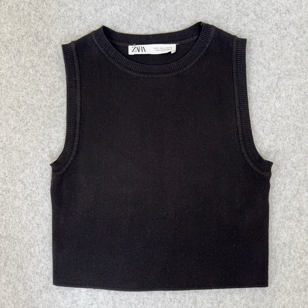 Zara Black Knit Tank Top Cropped Sleeveless Sweater Crew Neck Womens Size Small